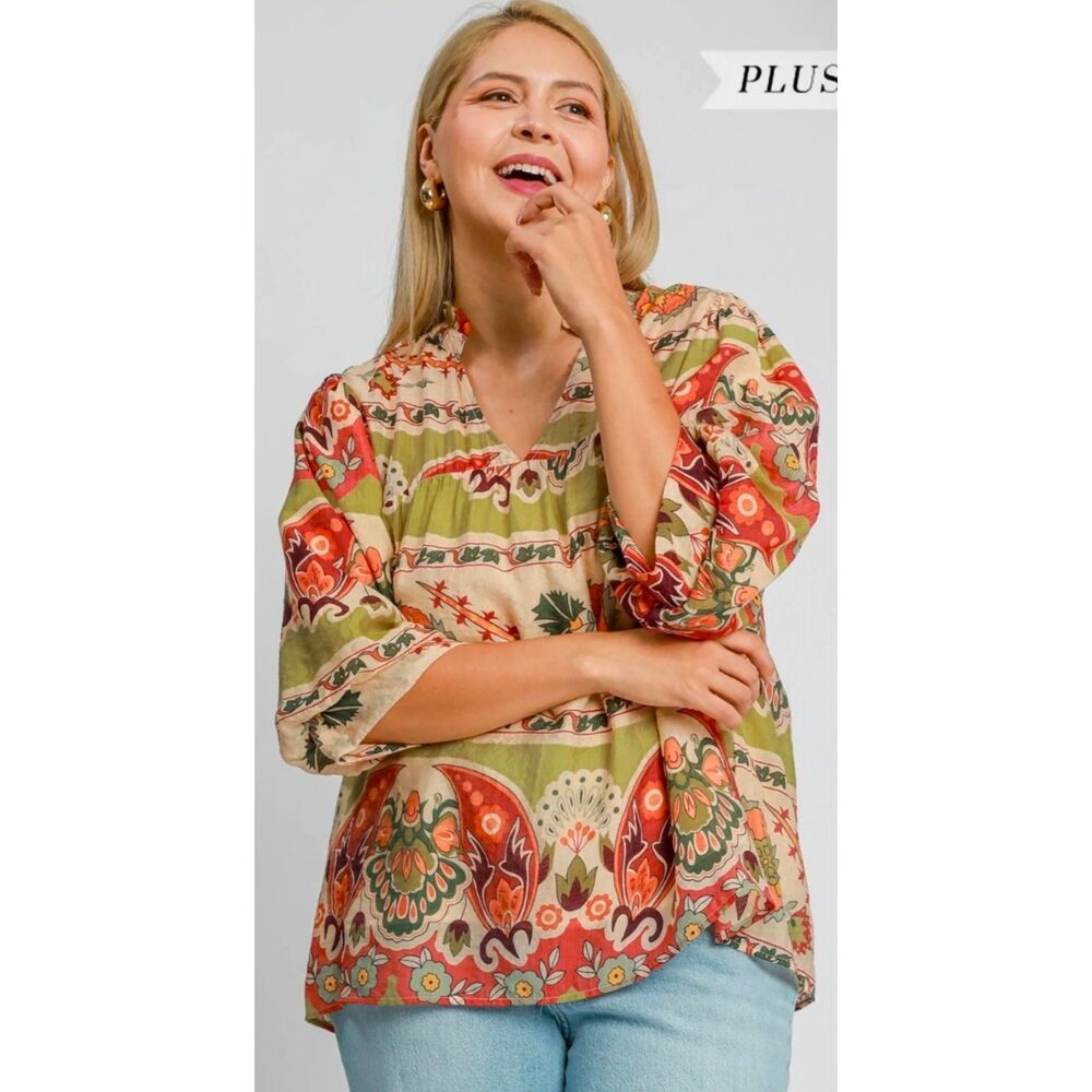 Umgee XL VNeck Puff Sleeved Top